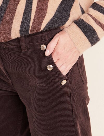 Pantalon large velours c&ocirc;tel&eacute; marron fonc&eacute; femme