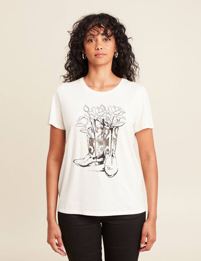 T-shirt cintré court manches courtes ecru femme