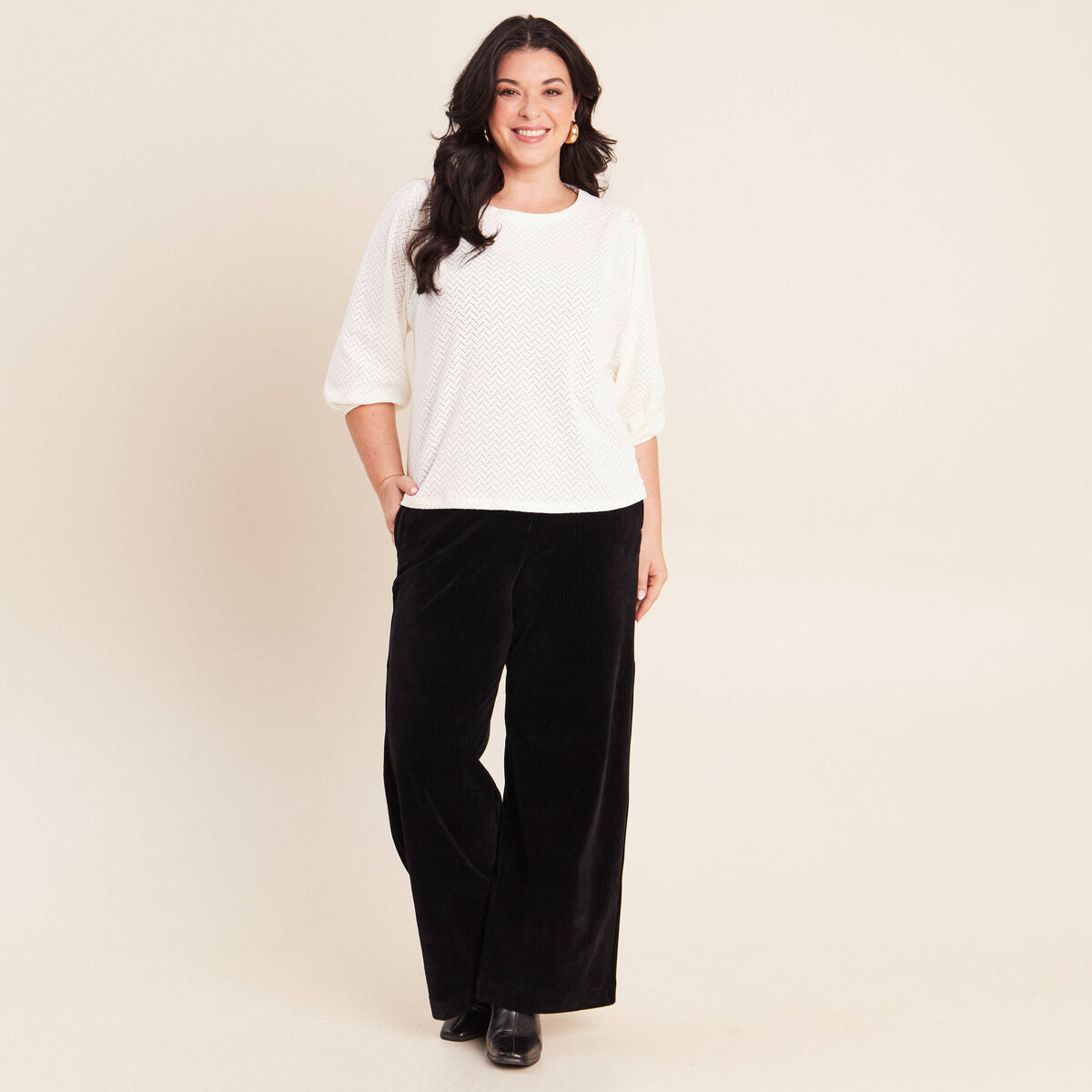 Blouse droite col rond manches 3/4 ecru femme