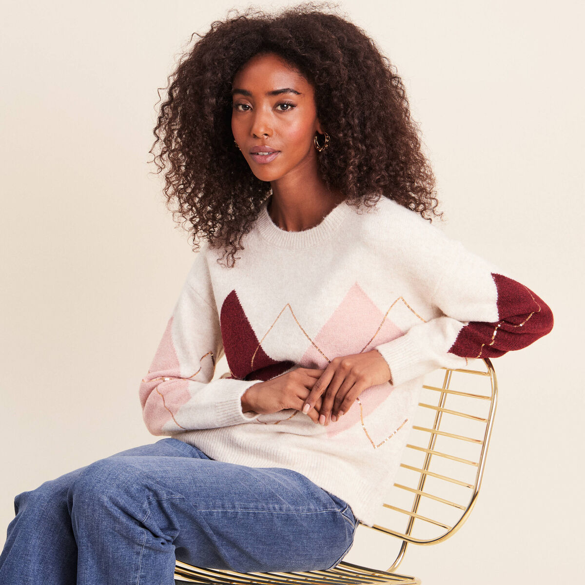 Pull col rond avec strass beige femme