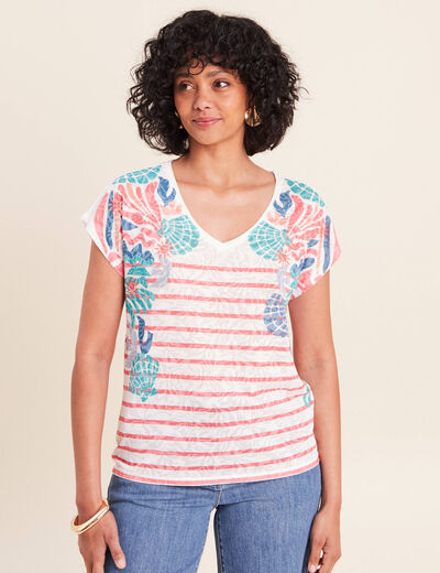 T-shirt col v manches courtes strass ecru femme