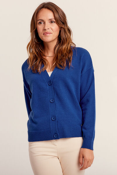 Gilet manches longues col en V bleu foncé femme
