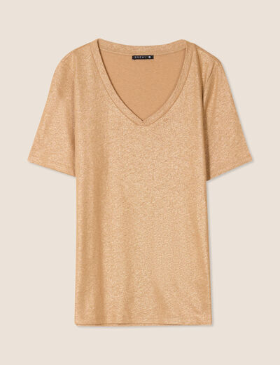 T-shirt col V manches courtes beige femme