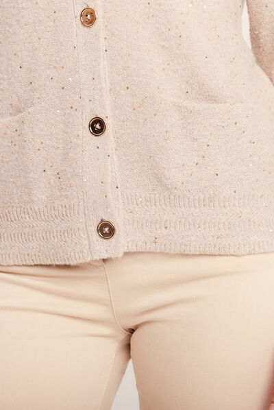 Gilet manches longues sequins creme femme