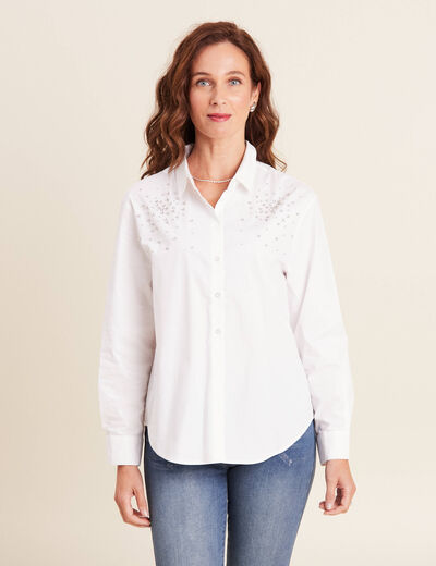 Chemise manches longues strass ecru femme