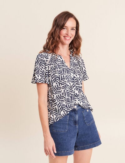 Blouse col v manches courtes fluide bleu femme