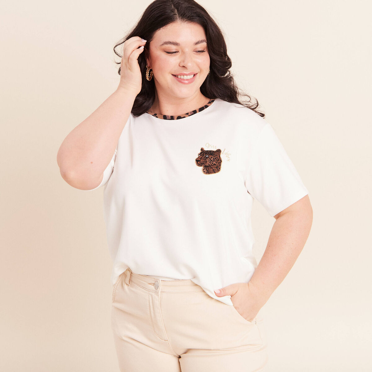 T-shirt col rond manches courtes ecru femme