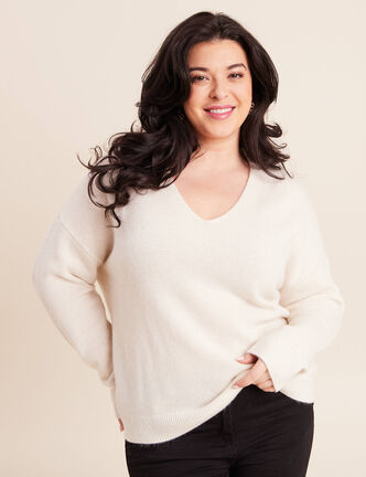 Pull en cachemire col v ecru femme