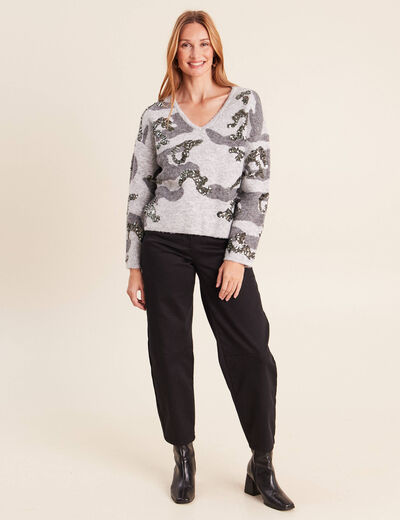 Pull col v &agrave; sequins gris femme