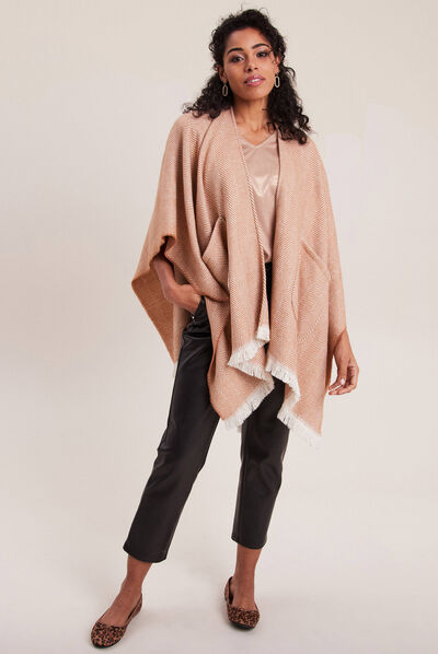 Poncho avec franges taupe femme