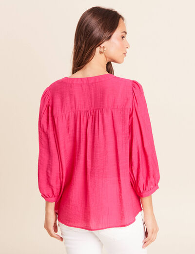 Blouse ample col tunisien manches 3/4 rose fushia femme