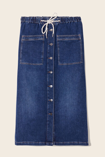 Jupe longue droite en jean denim stone femme