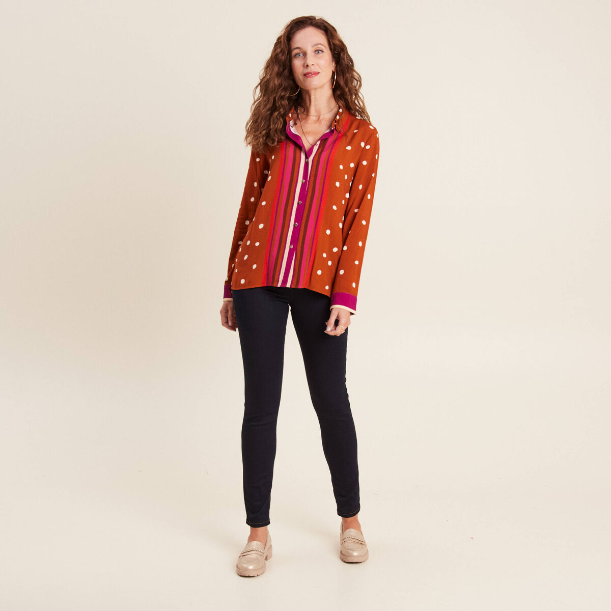 Chemise manches longues marron cognac femme