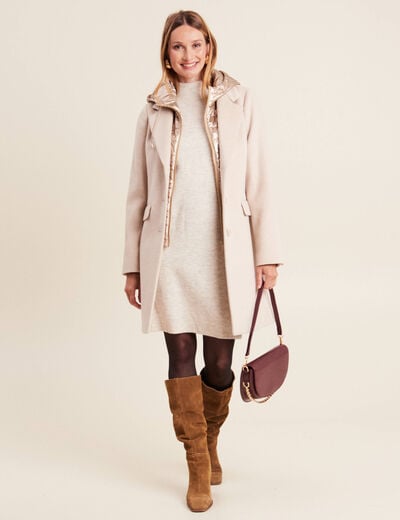 Manteau droit à capuche creme femme