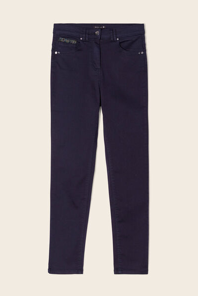 Pantalon ajusté détails bijoux bleu foncé femme