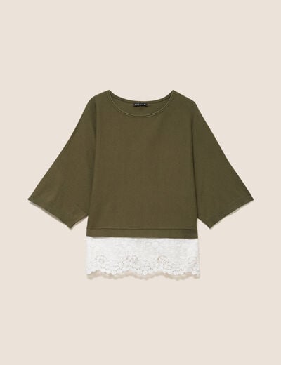 Pull bi-mati&egrave;re col bateau vert kaki femme