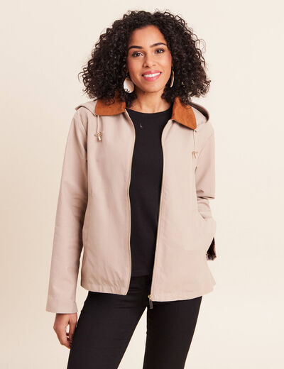 Parka droite courte &agrave; capuche doubl&eacute;e ivoire femme