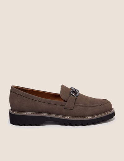 Mocassins avec cha&icirc;ne aspect daim marron femme