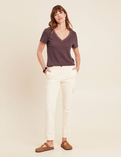T-shirt manches courtes col en V marron foncé femme