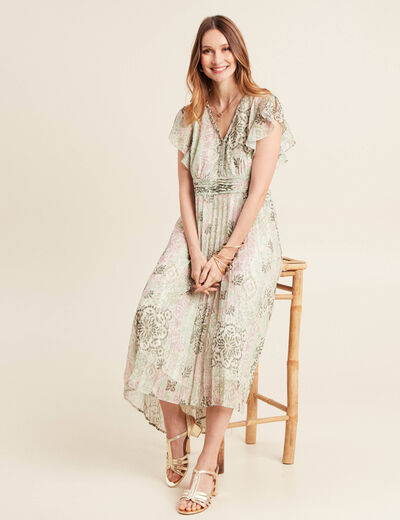 Robe longue évasée plissée vert clair femme