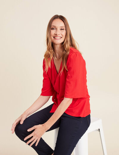 Blouse col V manches coude rouge femme