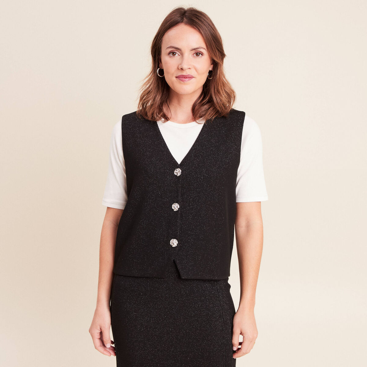 Gilet sans manches col v doubl&eacute; noir femme