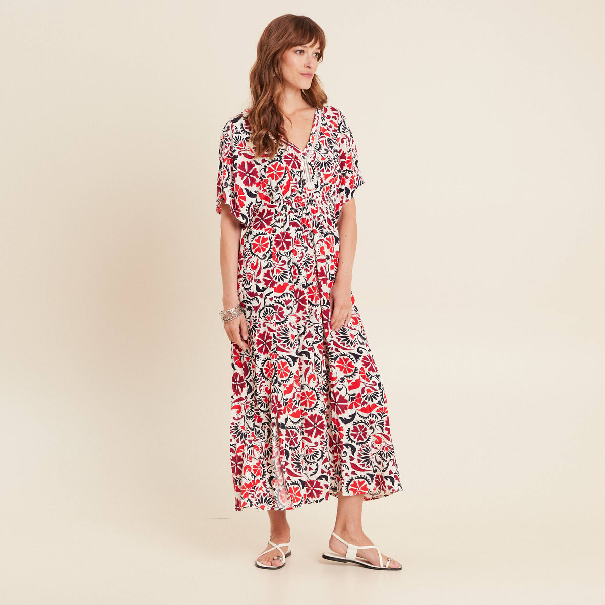 Robe longue évasée col en V blanc femme