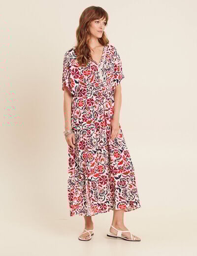 Robe longue évasée col en V blanc femme