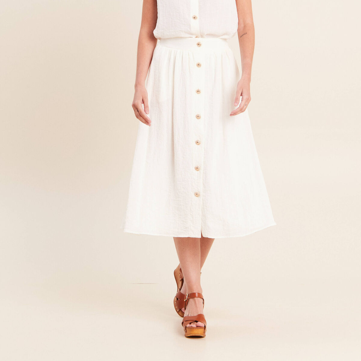 Jupe pliss&eacute;e taille haute doubl&eacute;e ecru femme