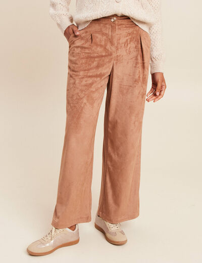 Pantalon su&eacute;dine large &agrave; pinces marron clair femme