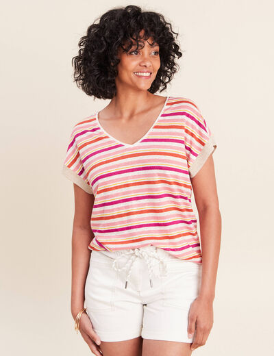 T-shirt droit col v manches courtes orange femme