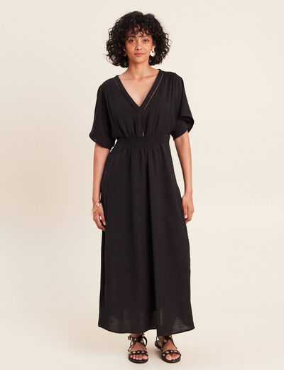 Robe longue &eacute;vas&eacute;e col v manches coudes noir femme