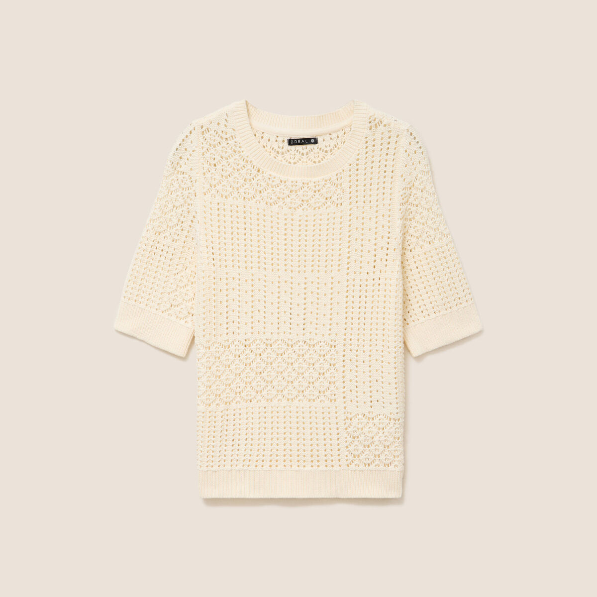 Pull ajour&eacute; col rond manches courtes ecru femme
