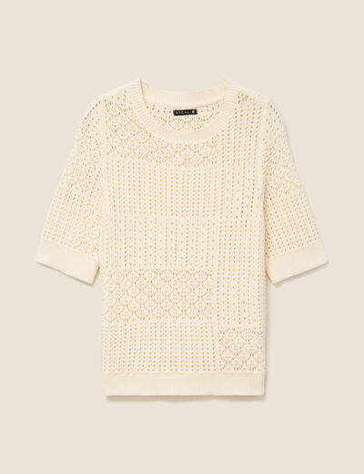 Pull ajour&eacute; col rond manches courtes ecru femme
