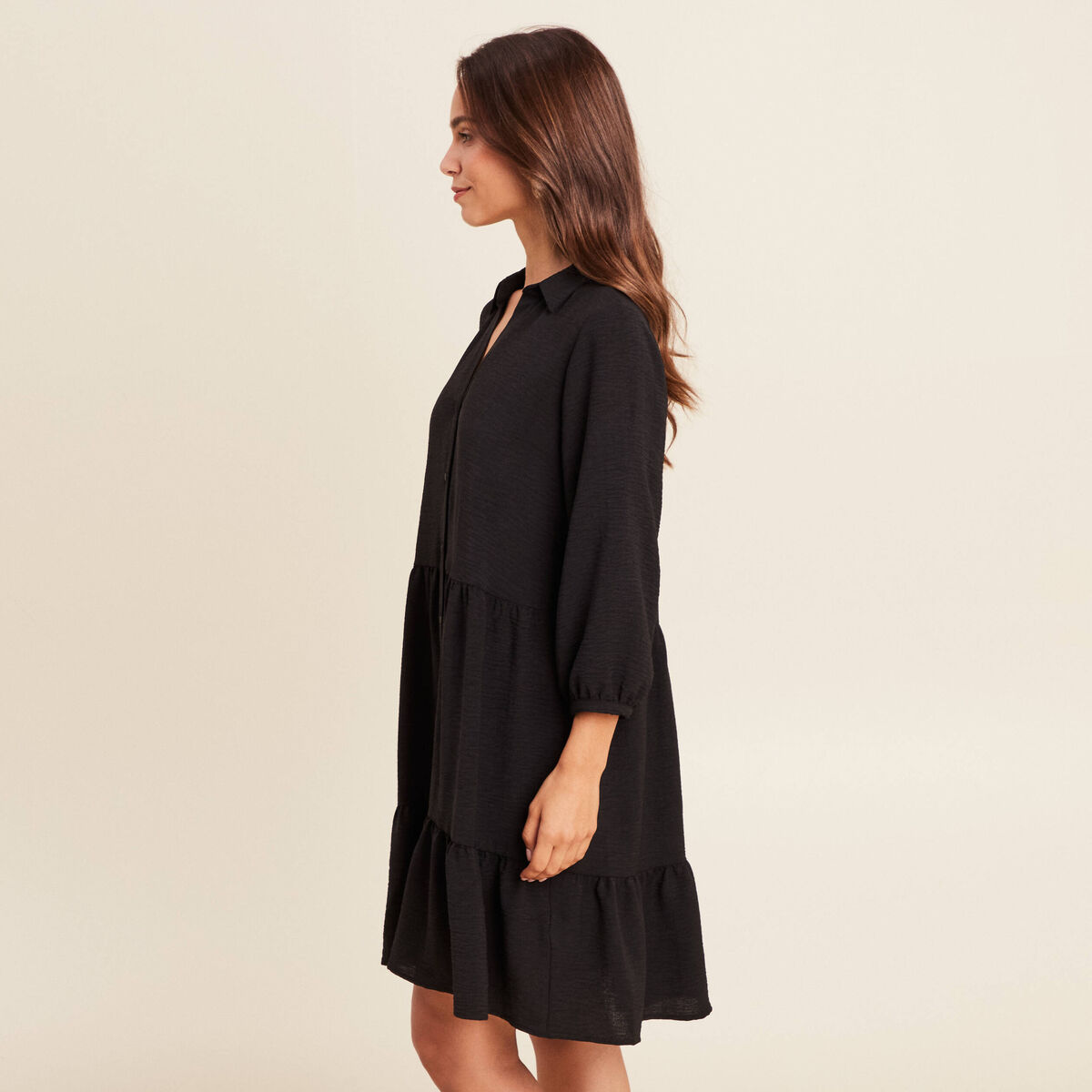Robe courte évasée col chemise noir femme
