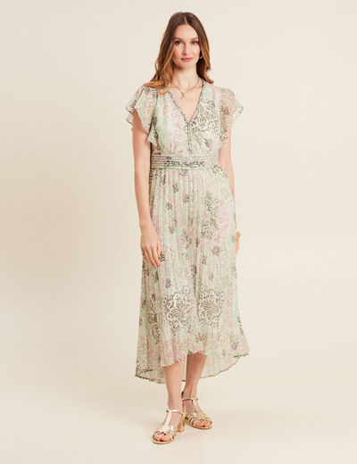 Robe longue évasée plissée vert clair femme