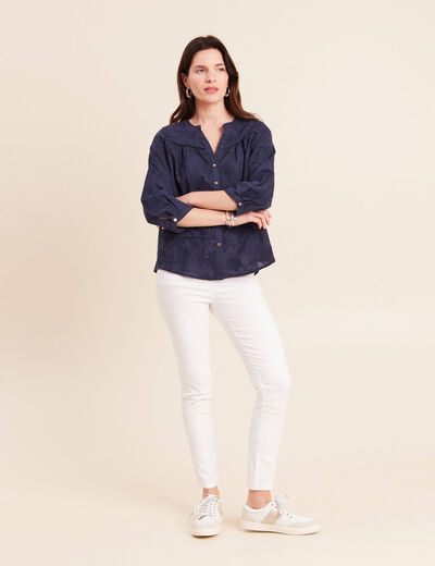 Blouse col tunisien manches 3/4 bleu marine femme
