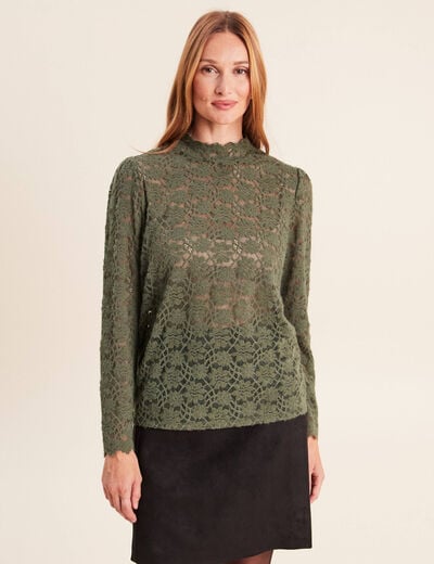 T-shirt cintr&eacute; col montant dentelle vert kaki femme