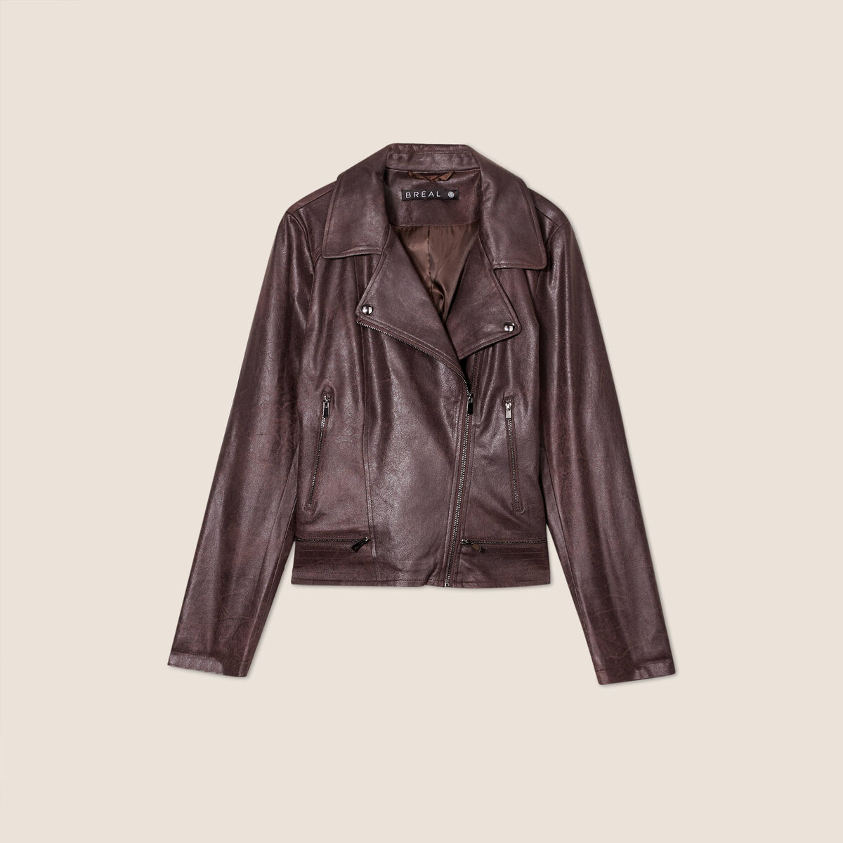 Veste esprit motard zippée marron foncé femme