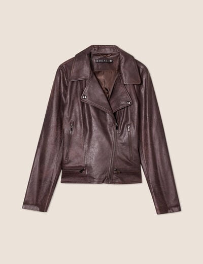 Veste esprit motard zippée marron foncé femme