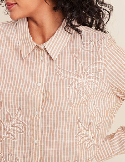Chemise en coton brod&eacute;e manches longues marron femme