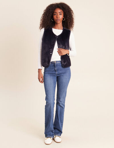Gilet droit sans manches fausse fourrure bleu fonc&eacute; femme