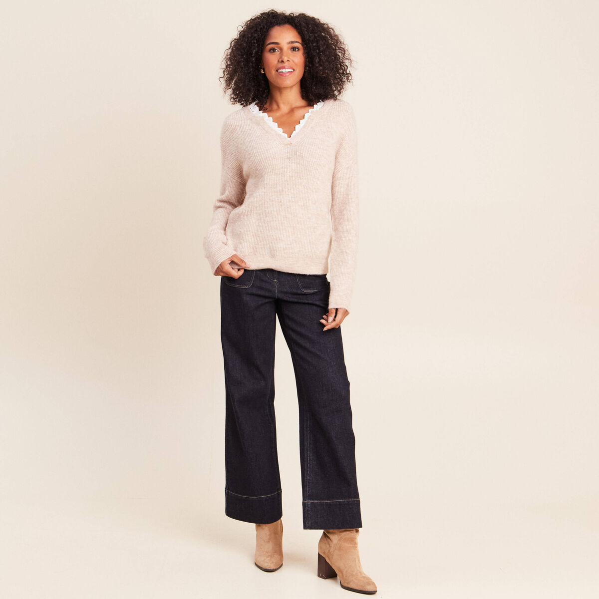 Pull col v beige femme