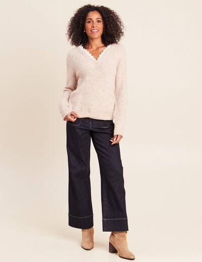 Pull col v beige femme