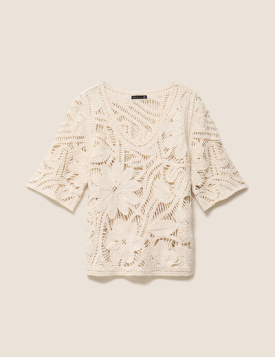 Pull col v manches courtes dentelle ecru femme