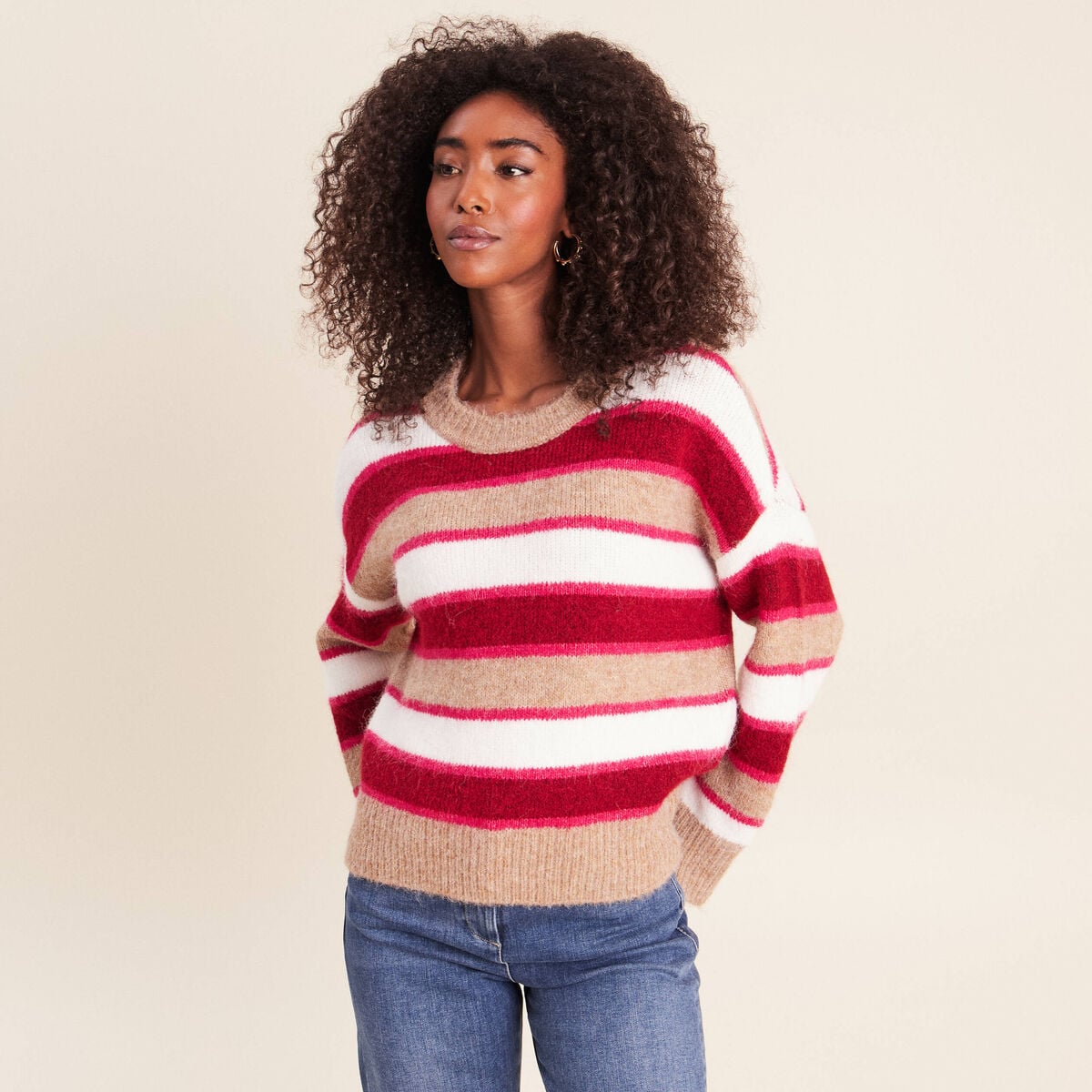 Pull col rond rose femme