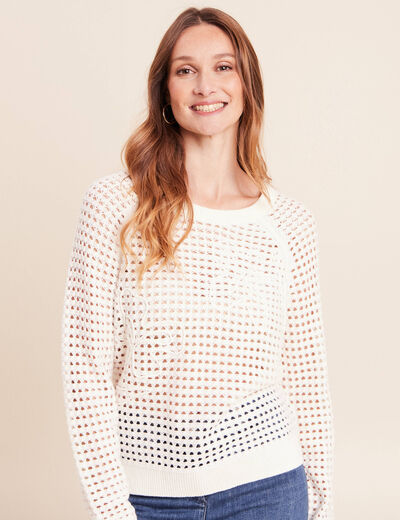 Pull col rond manches longues dentelle ecru femme