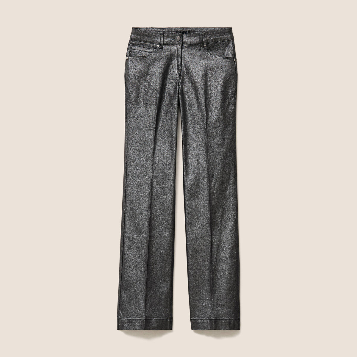 Pantalon enduit coupe large couleur argent femme