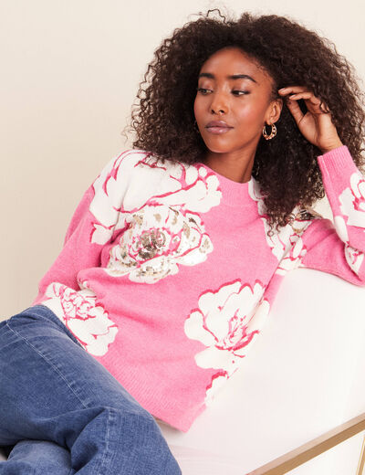 Pull col rond rose femme