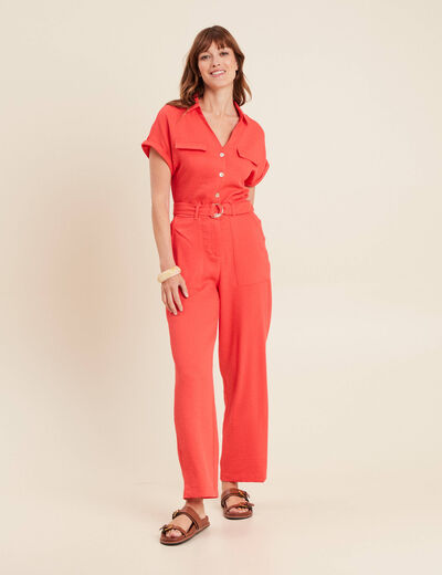 Combinaison fluide boutonnée rouge corail femme
